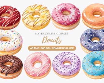 Watercolor Donuts Clipart, PNG, Food Graphics (Commercial Use)