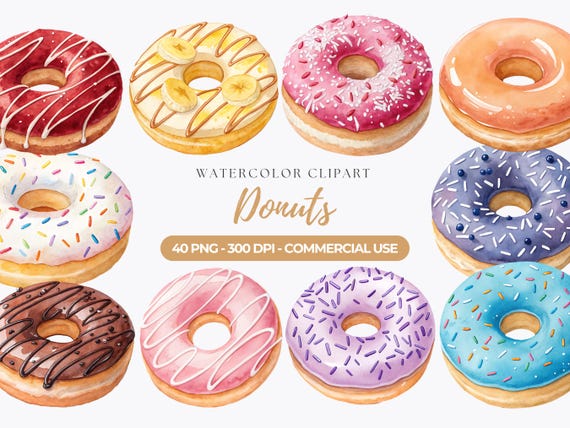 Watercolor Donuts Clipart, PNG, Food Graphics (Commercial Use)