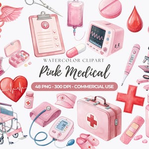 Clipart médico en acuarela rosa, gráficos del Día de la Enfermera (uso comercial)