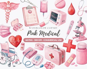 Ilustrações médicas em aquarela rosa, gráficos para o Dia da Enfermagem (uso comercial)