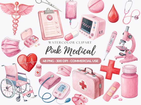 Watercolor Pink Medical Clipart, Nurse Day Graphics (Commercial Use)