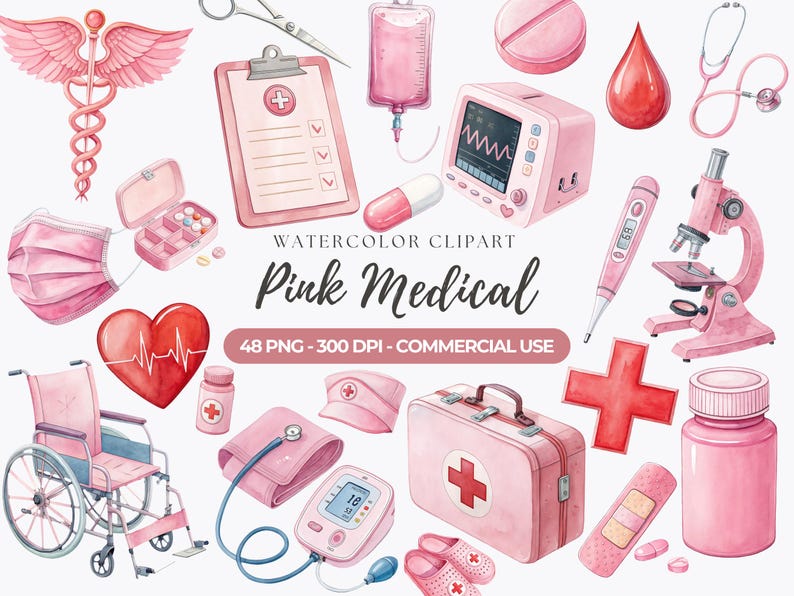 Watercolor Pink Medical Clipart, Nurse Day Graphics (Commercial Use) image 1