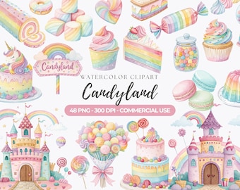 Può includere: Set di clipart ad acquerello a tema Candyland. L'immagine include torte, cupcake, macarons e lecca-lecca, insieme a una torta a forma di unicorno, un cartello "Candyland" e un castello.