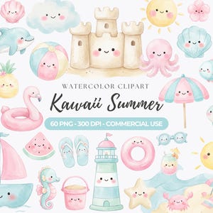 May include: A collection of watercolor clipart featuring summer-themed characters and objects with smiling faces, including a sandcastle, dolphin, sailboat, lighthouse, sun, octopus, crab, beach ball, flamingo float, and various tropical items.