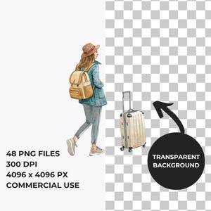 Puede incluir: Ilustraci&oacute;n en acuarela de una persona con una mochila y una maleta. La persona lleva sombrero, chaqueta y pantal&oacute;n. La maleta es beige con asa retr&aacute;ctil. La imagen incluye texto: 48 PNG FILES, 300 DPI, 4096 x 4096 PX, COMMERCIAL USE.