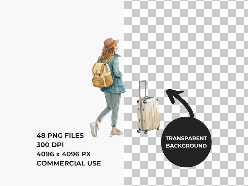 Puede incluir: Ilustraci&oacute;n en acuarela de una persona con una mochila y una maleta. La persona lleva sombrero, chaqueta y pantal&oacute;n. La maleta es beige con asa retr&aacute;ctil. La imagen incluye texto: 48 PNG FILES, 300 DPI, 4096 x 4096 PX, COMMERCIAL USE.