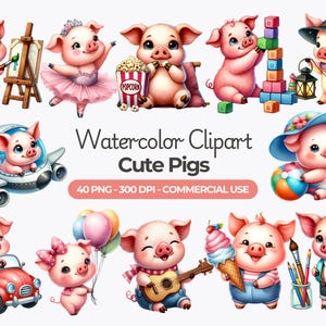 Imágenes prediseñadas de cerdos lindos en acuarela, cerdos divertidos PNG, imágenes prediseñadas de cerdito, cerdito, animales bebés, pegatinas para planificadores, álbumes de recortes, uso comercial