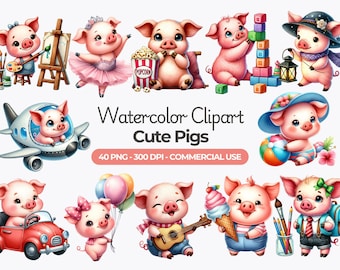 Watercolor Pig Clipart, Funny Baby Animals, Planner Stickers (Commercial Use, PNG, 4096x4096px)