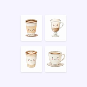 May include: Four illustrations of coffee cups with happy faces. The cups are in different styles, including a paper cup, a glass cup, and a ceramic mug.