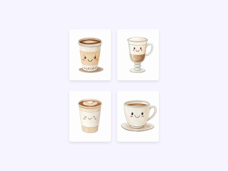 May include: Four illustrations of coffee cups with happy faces. The cups are in different styles, including a paper cup, a glass cup, and a ceramic mug.
