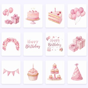May include: A collection of watercolour illustrations featuring birthday-themed imagery in pink hues. The images include a cake, cupcakes, balloons, gifts, a party hat, and a banner. The words "Happy Birthday" are also present.