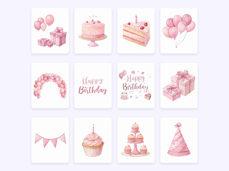 May include: A collection of watercolour illustrations featuring birthday-themed imagery in pink hues. The images include a cake, cupcakes, balloons, gifts, a party hat, and a banner. The words "Happy Birthday" are also present.