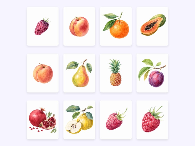 K&ouml;nnte beinhalten: Aquarell-Illustrationen von verschiedenen Fr&uuml;chten und Beeren, darunter ein Pfirsich, eine Birne, eine Pflaume, eine Ananas, eine Papaya, ein Granatapfel, eine Himbeere und eine Brombeere.