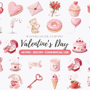 Watercolor Valentine's Day Clipart: 48 PNG Valentine Decor Graphics, Romantic Love, Roses (Digital Download)