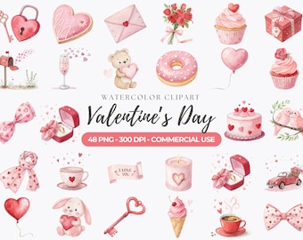 Watercolor Valentine's Day Clipart: 48 PNG Valentine Decor Graphics, Romantic Love, Roses (Digital Download)