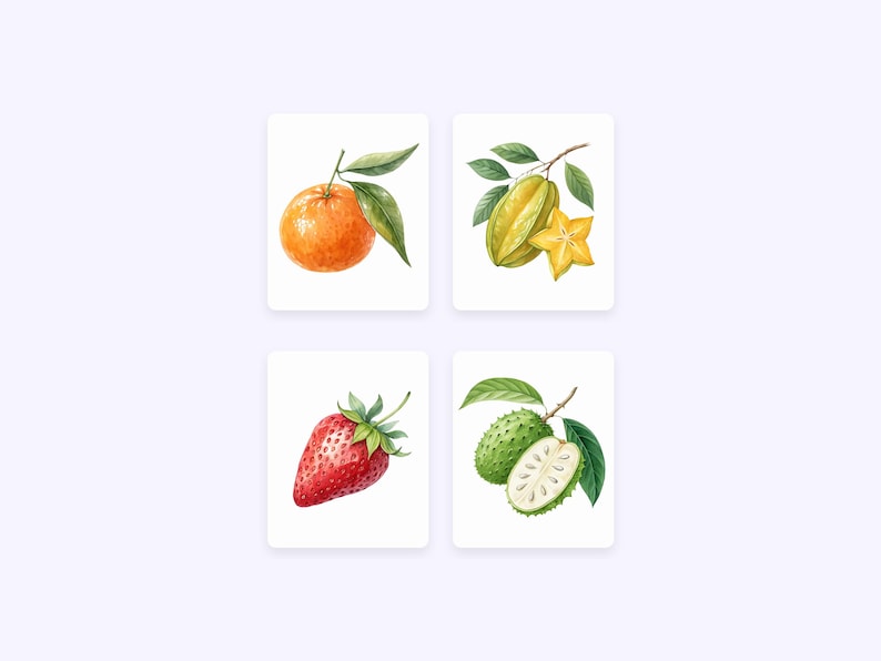 K&ouml;nnte beinhalten: Vier Aquarell-Illustrationen von Fr&uuml;chten auf wei&szlig;em Hintergrund. Eine rote Erdbeere, eine gr&uuml;ne Soursop, eine gelbe Sternfrucht und eine orangefarbene Mandarine.