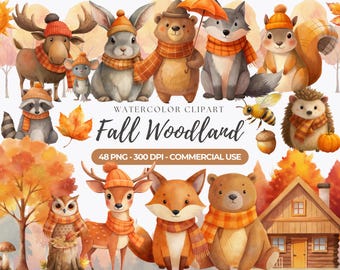 Watercolor Fall Animals Clipart, Woodland PNG, Commercial Use