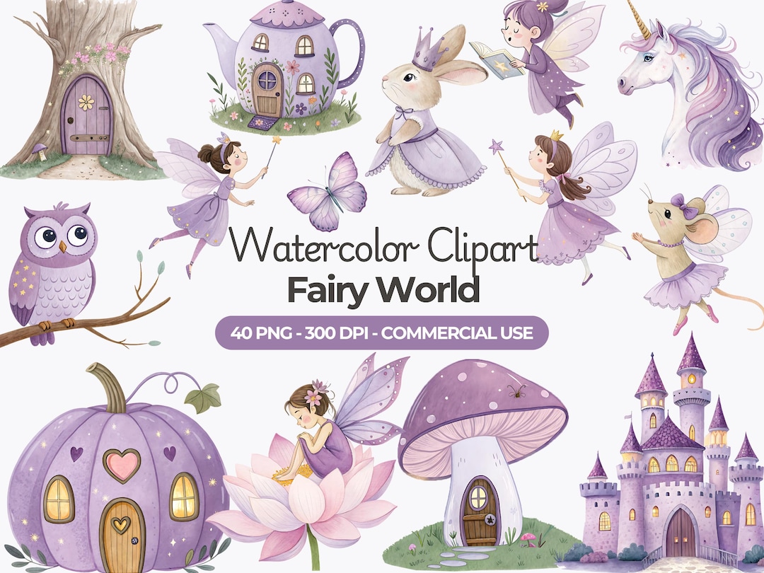 Watercolor Purple Fairy Clipart, Magical Garden PNG (commercial Use) - Etsy