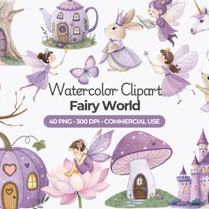 Clipart fata viola acquerello, PNG fata viola, giardino magico, disegno fata, clipart vivaio, uso commerciale