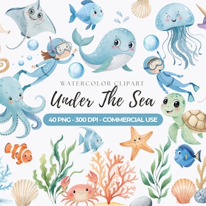 Akwarelowy podwodny klipart, urocze ryby PNG, zwierzęta morskie, wystrój pokoju dziecięcego, urocze zwierzęta oceaniczne, baby shower, rekin, delfin, do użytku komercyjnego