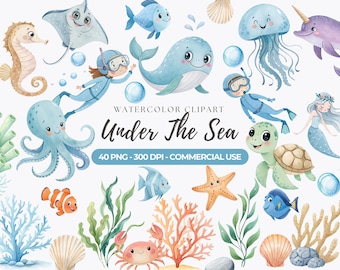 Watercolor Undersea Clipart, Cute Fish PNG, Sea Animals, Nursery Decor, Cute Ocean Animals, Baby Shower, Shark, Dolphin, Commercial Use