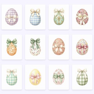May include: A collection of twelve decorative Easter eggs arranged in a grid. Each egg features a unique pattern, including gingham, floral, and damask prints, and is adorned with a tied ribbon bow in various coordinating colors.