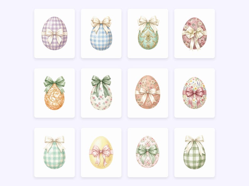 May include: A collection of twelve decorative Easter eggs arranged in a grid. Each egg features a unique pattern, including gingham, floral, and damask prints, and is adorned with a tied ribbon bow in various coordinating colors.
