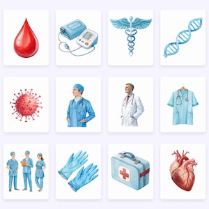 Op de afbeelding: Een verzameling aquarel illustraties met betrekking tot de gezondheidszorg. De illustraties omvatten een bloeddruppel, een bloeddrukmeter, een medisch symbool, een DNA-streng, een coronavirus, een arts in scrubs, een arts in een witte jas, een doktersuniform, een paar blauwe latex handschoenen, een EHBO-doos en een menselijk hart.