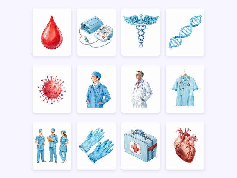 Op de afbeelding: Een verzameling aquarel illustraties met betrekking tot de gezondheidszorg. De illustraties omvatten een bloeddruppel, een bloeddrukmeter, een medisch symbool, een DNA-streng, een coronavirus, een arts in scrubs, een arts in een witte jas, een doktersuniform, een paar blauwe latex handschoenen, een EHBO-doos en een menselijk hart.
