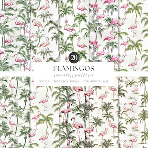 May include: A collection of 20 seamless flamingo patterns. The designs feature pink flamingos, palm trees, and tropical foliage on a white background. The image includes text that reads "FLAMINGOS seamless pattern".