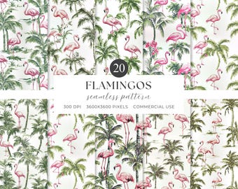 Vintage Flamingo Seamless Pattern, Flamingo Digital Paper, Summer Scrapbook, Palm Tree Background, Seamless Flamingo Pattern, Commercial Use
