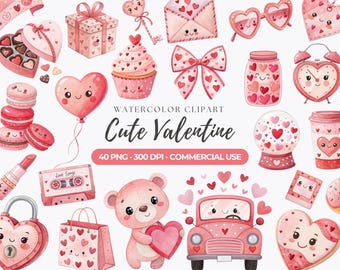 May include: Watercolor clipart featuring various Valentine's Day themed illustrations. Includes a pink car, teddy bear holding a heart, heart-shaped glasses, a cassette tape, and a gift box. The text "Cute Valentine" is also present.