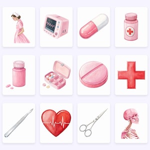 May include: A set of watercolor illustrations depicting medical supplies and symbols. The illustrations include a nurse, a heart rate monitor, a pill, a bottle of pills, a pill box, a pill, a red cross, a scalpel, a heart with a heartbeat line, a pair of scissors, and a skeleton.