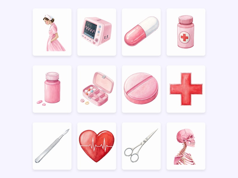 May include: A set of watercolor illustrations depicting medical supplies and symbols. The illustrations include a nurse, a heart rate monitor, a pill, a bottle of pills, a pill box, a pill, a red cross, a scalpel, a heart with a heartbeat line, a pair of scissors, and a skeleton.
