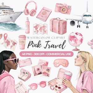 Puede incluir: Clipart de acuarela con ilustraciones de temática de viajes en rosa. Incluye un crucero, un avión, una maleta, un pasaporte, una cámara, auriculares, un globo terráqueo y botas de senderismo. Se muestra el texto "Pink Travel".