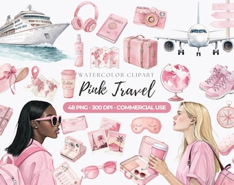 Clipart de viaje en acuarela rosa, gráficos de vacaciones PNG (uso comercial)