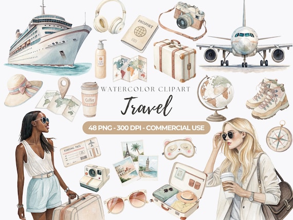 Watercolor Travel Clipart, Vacation PNG, Boho Travel Graphics, Tourism Clipart, Suitcase, Airplane, Luggage, Travel Planner, Commercial Use