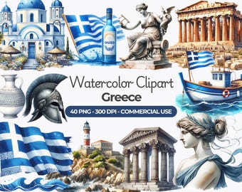 Imágenes prediseñadas de acuarela de Grecia: Santorini, Acrópolis (uso comercial)