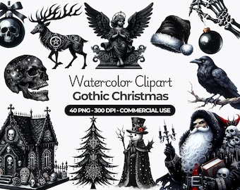 Op de afbeelding: Een set van 40 zwart-witte aquarel clipart-afbeeldingen met gotische kerstthema's. De afbeeldingen omvatten een schedel, een hert, een engel, een raaf, een sneeuwpop, een kerstboom, een kerstman, een kerk en een kerstbal.