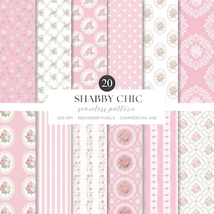 Puede incluir: Una colección de 20 patrones sin costuras Shabby Chic en rosa y blanco. Los patrones incluyen diseños florales, lunares, rayas y detalles de encaje. La imagen incluye el texto "SHABBY CHIC seamless pattern".