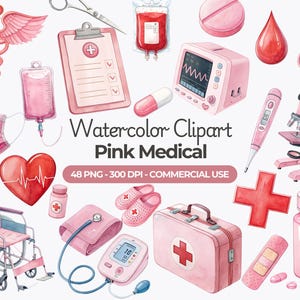Clipart médico de acuarela rosa, PNG de enfermera rosa, Clipart de atención médica, Gráficos del día de la enfermera, Planificador médico, PNG de hospital, Uso comercial