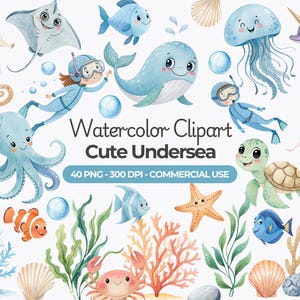 Aquarel onderzeese clipart, schattige vis png, zeedieren, decor kinderkamer, schattige oceaandieren, babyshower, haai, dolfijn, commercieel gebruik