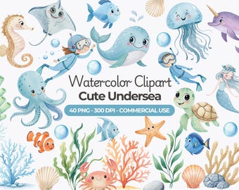 Watercolor Undersea Clipart, Cute Fish PNG, Sea Animals, Nursery Decor, Cute Ocean Animals, Baby Shower, Shark, Dolphin, Commercial Use