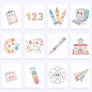 May include: A collection of watercolour illustrations featuring school-related items on white cards. The images include a clipboard, numbers, crayons, a computer, a paint palette, a 'Back to School' graphic, a pen, a schoolhouse, a folder, a test tube, an atom, and a paper aeroplane.
