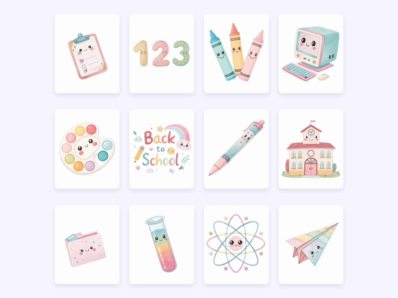 May include: A collection of watercolour illustrations featuring school-related items on white cards. The images include a clipboard, numbers, crayons, a computer, a paint palette, a 'Back to School' graphic, a pen, a schoolhouse, a folder, a test tube, an atom, and a paper aeroplane.