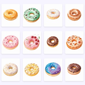 Puede incluir: Doce donuts diferentes con varios ingredientes, incluyendo chispas, chispas de chocolate, cerezas y hojas de oto&ntilde;o. Todos los donuts est&aacute;n glaseados y tienen un agujero en el centro.