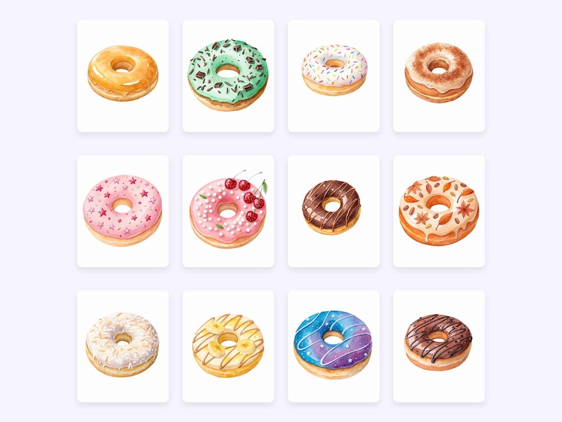 Puede incluir: Doce donuts diferentes con varios ingredientes, incluyendo chispas, chispas de chocolate, cerezas y hojas de oto&ntilde;o. Todos los donuts est&aacute;n glaseados y tienen un agujero en el centro.