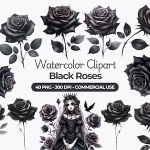 Black Gothic Roses Clipart, Gothic Floral PNG, Gothic Flowers Clipart, Watercolor Black Roses, PNG Bundle, Commercial Use