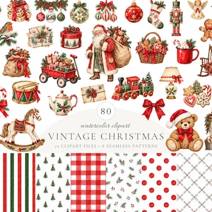 May include: A collection of watercolor Christmas clipart featuring Santa Claus, a teddy bear, a toy train, a rocking horse, a nutcracker, a gingerbread man, ornaments, presents, a fireplace, and various holiday-themed seamless patterns with text.