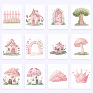 K&ouml;nnte beinhalten: Ein Set mit 10 digitalen Illustrationen mit fantasievollen rosa Feenh&auml;usern, Pilzen, einer Teekanne, einem Zaun, einem Baum, einer Wolke, einer Krone und einem Torbogen. Diese Illustrationen sind perfekt, um Ihren Bastelarbeiten, Ihrem Scrapbooking oder Ihren digitalen Designs einen Hauch von Magie zu verleihen.